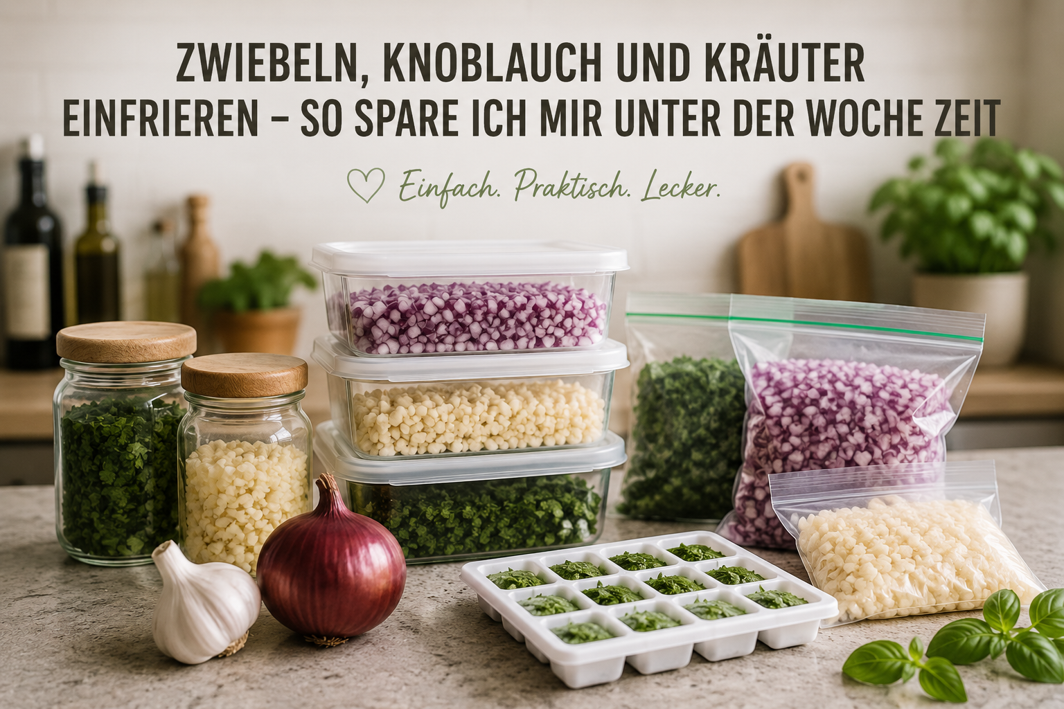 Zwiebeln, Knoblauch und Kräuter einfrieren – so spare ich mir unter der Woche Zeit Vorratsdosen mit eingefrorenen Zwiebeln, Knoblauch und Kräutern