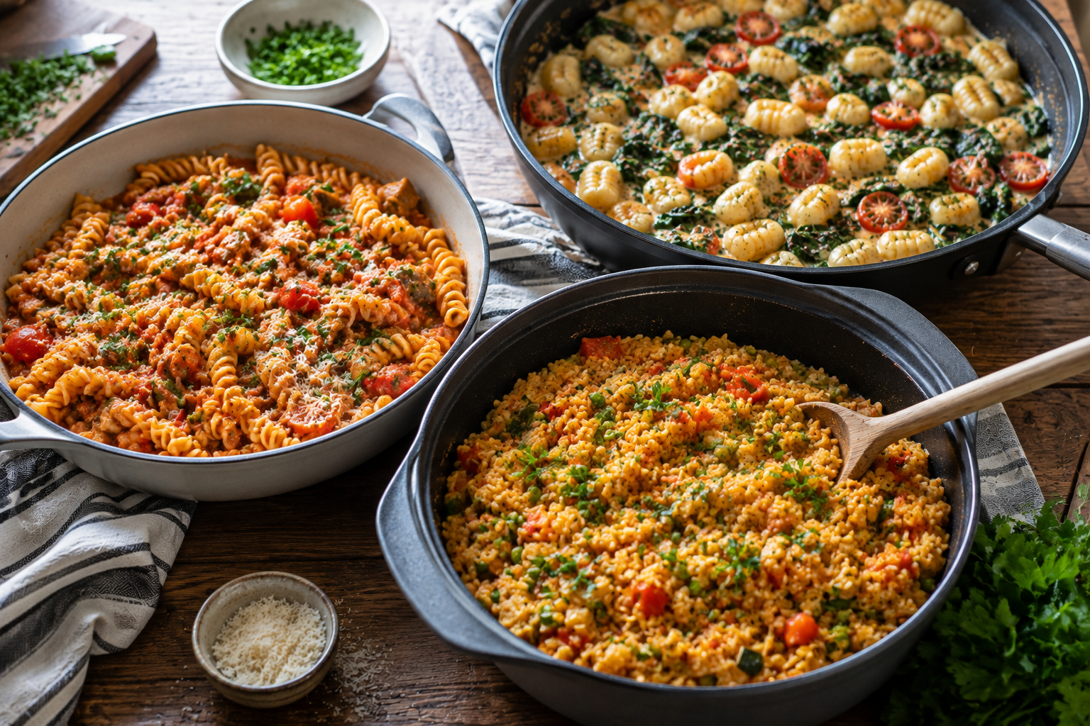 3 einfache One-Pot-Gerichte für stressige Arbeitstage Drei einfache One-Pot-Gerichte: Tomaten-Nudeln, Gemüse-Reispfanne und Gnocchi mit Spinat